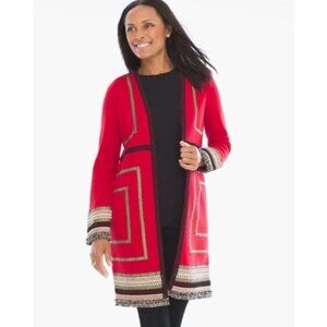 Chicos Reba Womens Red Cardigan With Tribal Embroidered Trim & Open Front